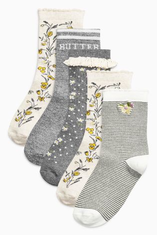 Grey/Ecru Floral Socks Five Pack (Older Girls)